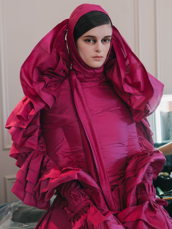 Fuchsia ruffled look, backstage