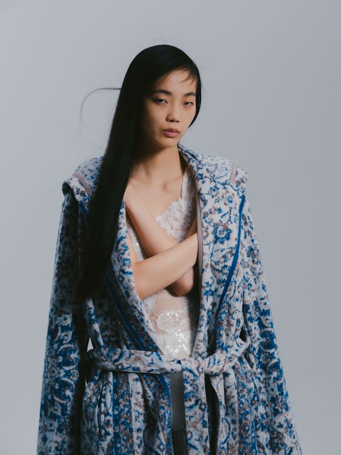 Blue printed robe in the studio